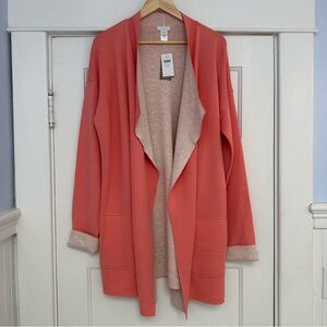 NWT J Jill long open cardigan sweater - reversible grapefruit / oatmeal colors